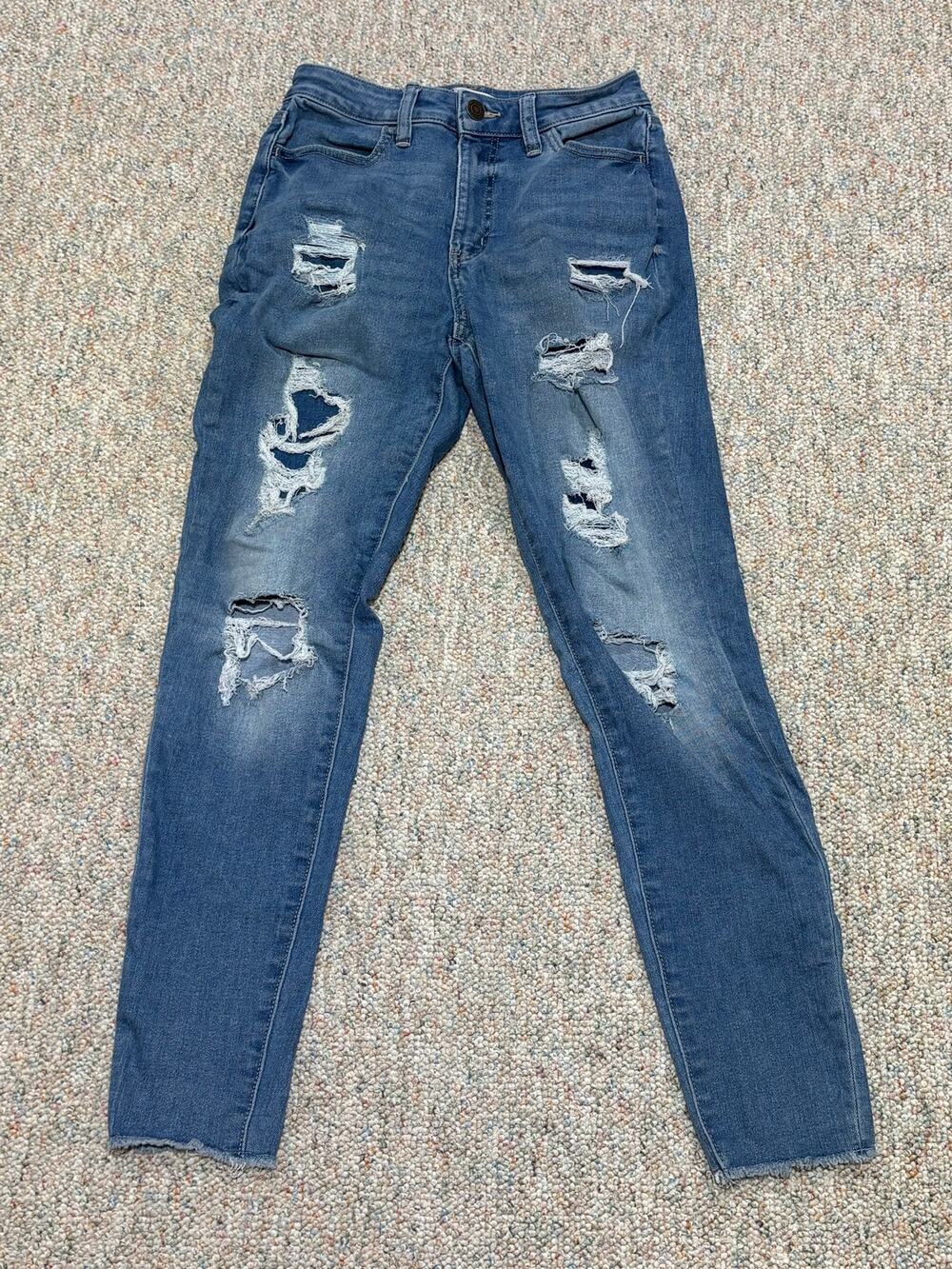 SO Jeans Womens 7/28W Blue Super High Rise Curvy Jegging Distressed Ripped Denim